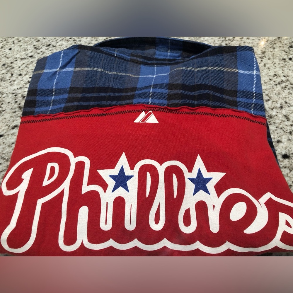 Up-cycles re-worked plaid flannel Phillies shirt